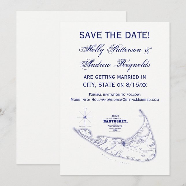 Convites Ilha Nantucket MA Mapa Antigo Azul Marinho (Frente/Verso)