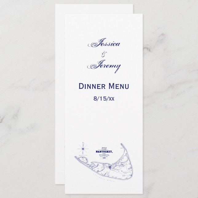 Convites Ilha Nantucket MA Mapa Antigo Azul Marinho (Frente/Verso)