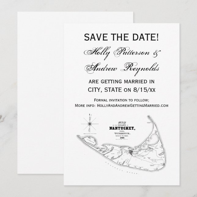 Convites Ilha Nantucket MA Mapa Antigo Preto (Frente/Verso)