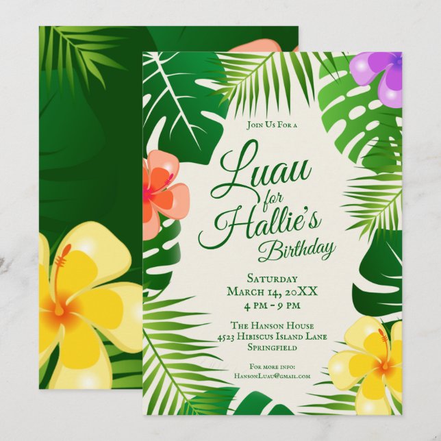 Convites Ilha Tropical de Luau Birthday (Frente/Verso)
