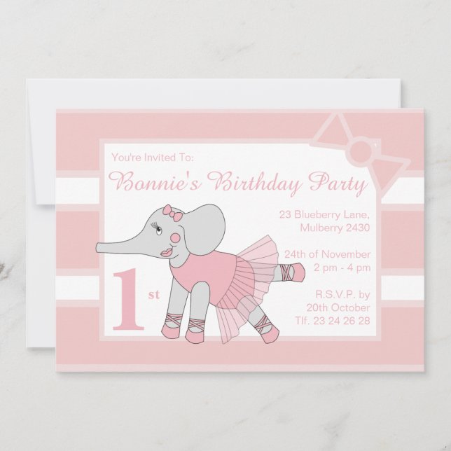 Convites Illusima Ballerina Elefante Bebê Rosa Aniversário (Frente)