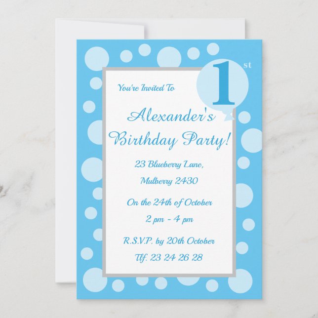Convites Illusima Light Blue Spots & Dots Boys primeiro ani (Frente)