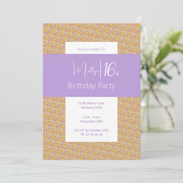 Convites Illusima Purple Yellow Floral Teens 16º Aniversári (Em pé/Frente)