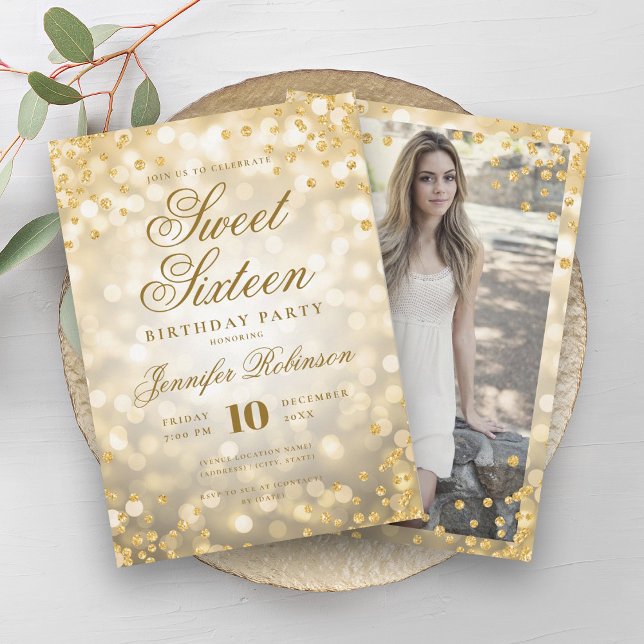 Convites Iluminação Dourada Elegante Glam Confetti Foto Swe (Elegant Gold Lights Glam Confetti Photo Sweet 16 Invitation)