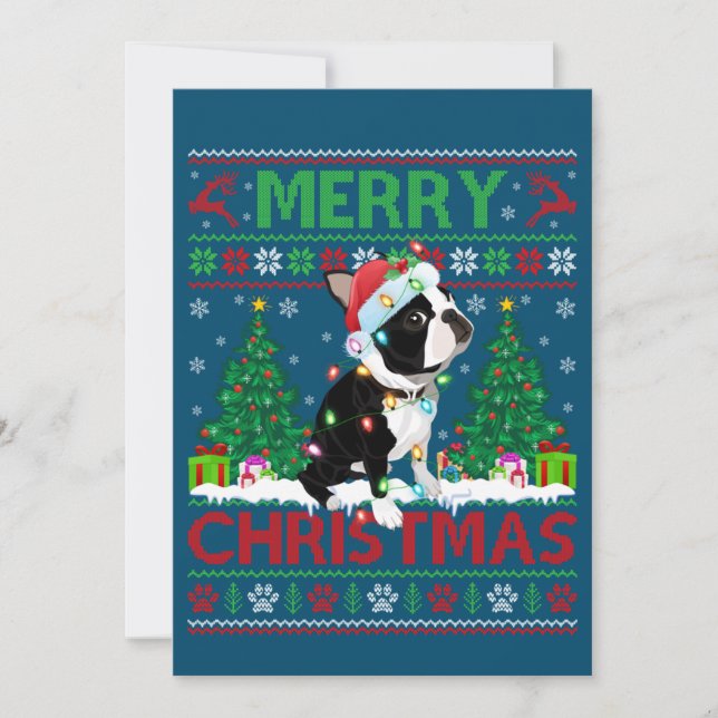 Convites Iluminação Feliz Natal Boston Terrier Feio Chris (Frente)