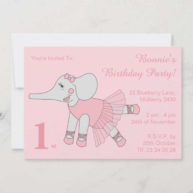 Convites Ilusima Ballerina Elefant Girls Pink Aniversário (Frente)