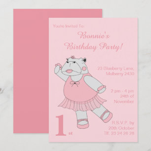 Convites Ilusima Ballerina Hippo Girls Pink Aniversário