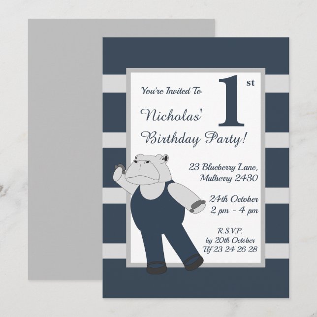 Convites ilusima Drama Hippo Boys Festa de aniversário Azul (Frente/Verso)