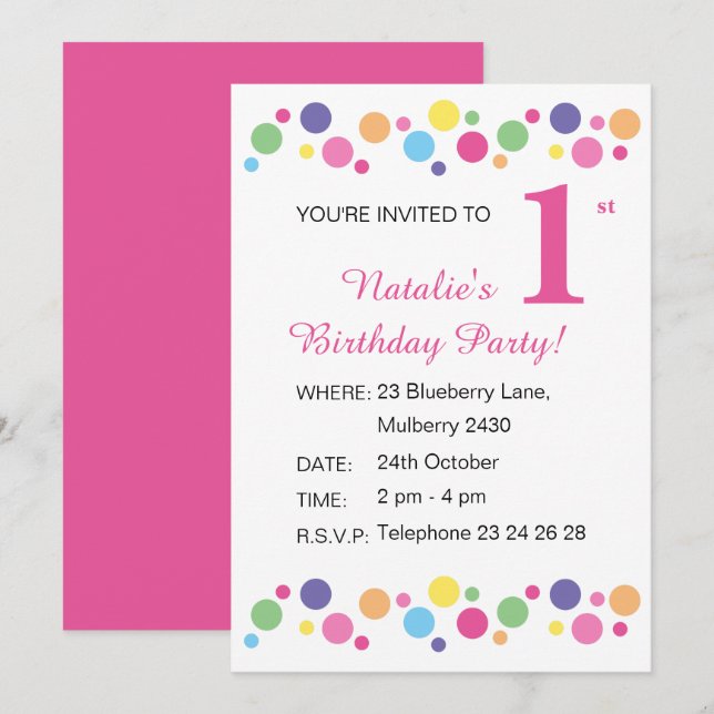 Convites ilusima Rainbow Dots Girls Pink Birthday Invitati (Frente/Verso)