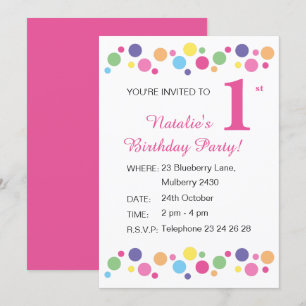 Convites ilusima Rainbow Dots Girls Pink Birthday Invitati