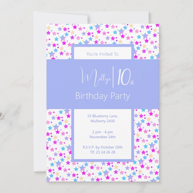 Convites ilusima Rainbow Stars Blue Girls 10º aniversário (Frente)