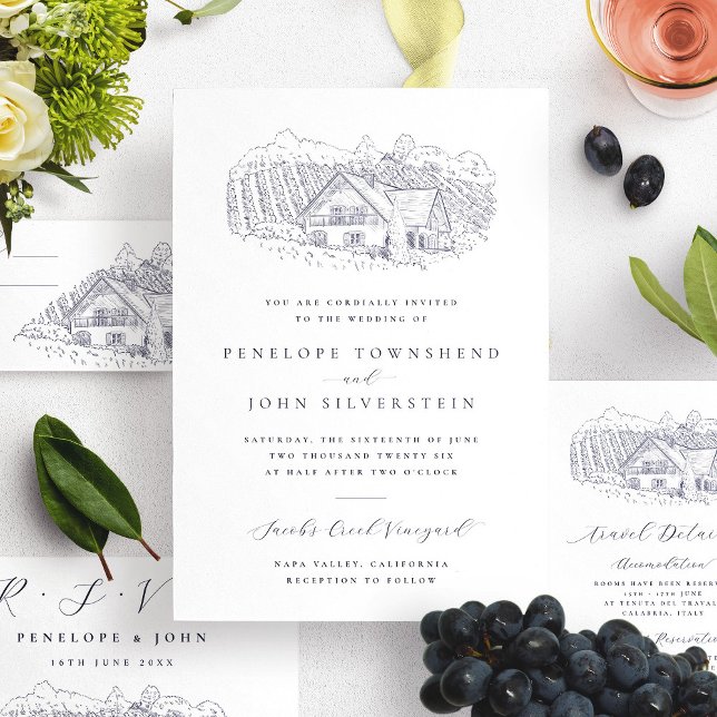 Convites Ilustração Clássica de Vinhedo Rústico para Casame (Classic Rustic Vineyard Illustration Wedding Invitation)