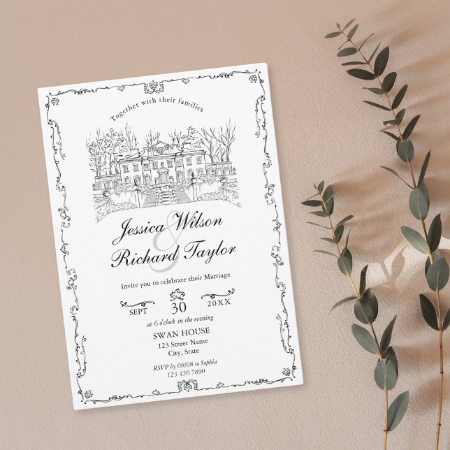 Convites Ilustração Clássica do Gerenciador de Locais Desen (custom hand drawn classic wedding venue illustration invitation with border)