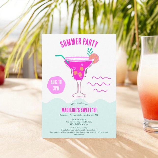 Convites Ilustração cor-de-rosa na praia de verão Sweet 16 (Pink Cocktail illustration summer beach Sweet 16 Invitation)