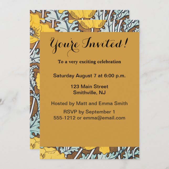 Convites ilustração da arte da papoila flor amarela (Frente/Verso)