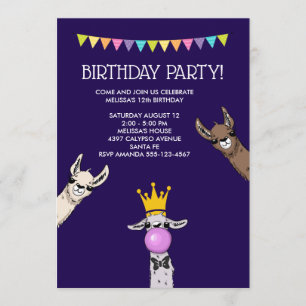 Convites Ilustração de 3 carinhas de lhama fofas para festa