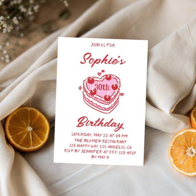 Convites Ilustração de Bolo de Coração Rosa para Festa de A (Criador carregado)