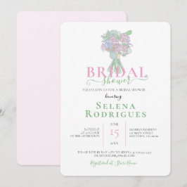 Convites Ilustração de Buquê Rosa e Verde para Chá de Noiva