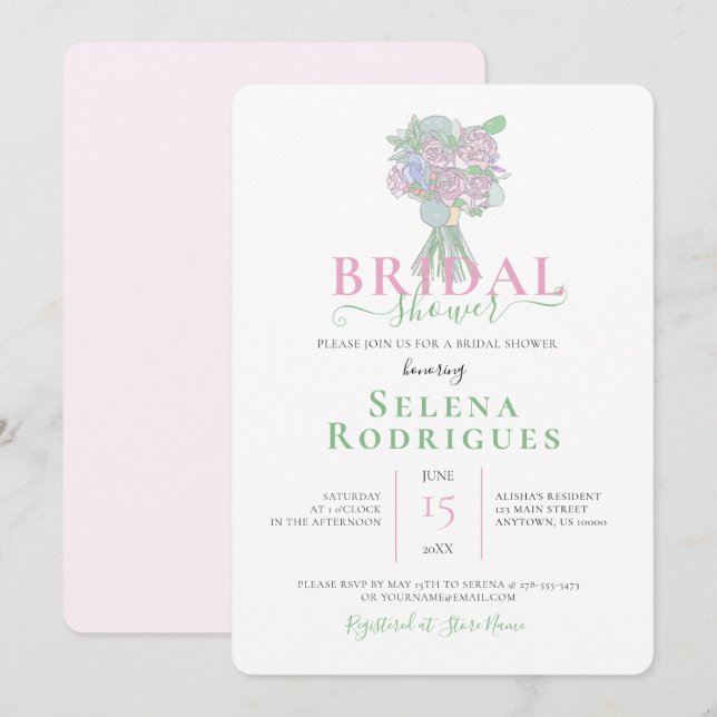 Convites Ilustração de Buquê Rosa e Verde para Chá de Noiva (Frente/Verso)