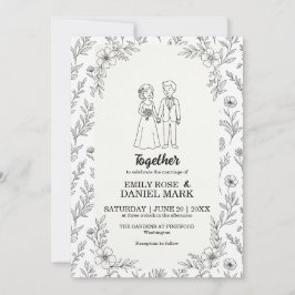 Convites Ilustração de Casal Fofo Casamento Floral Minimali
