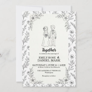 Convites Ilustração de Casal Fofo Casamento Floral Minimali