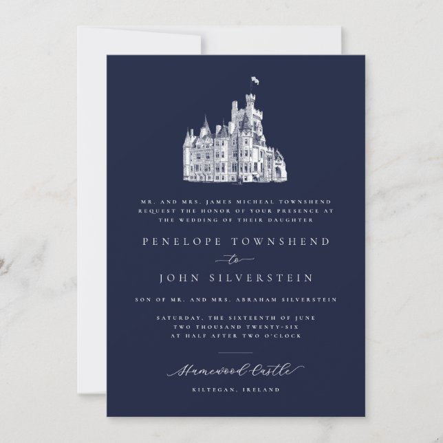Convites Ilustração de Castelo Elegante Casamento Formal Az (Frente)