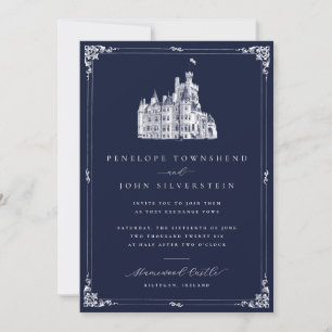 Convites Ilustração de Castelo Vintage Borda Azul Casamento