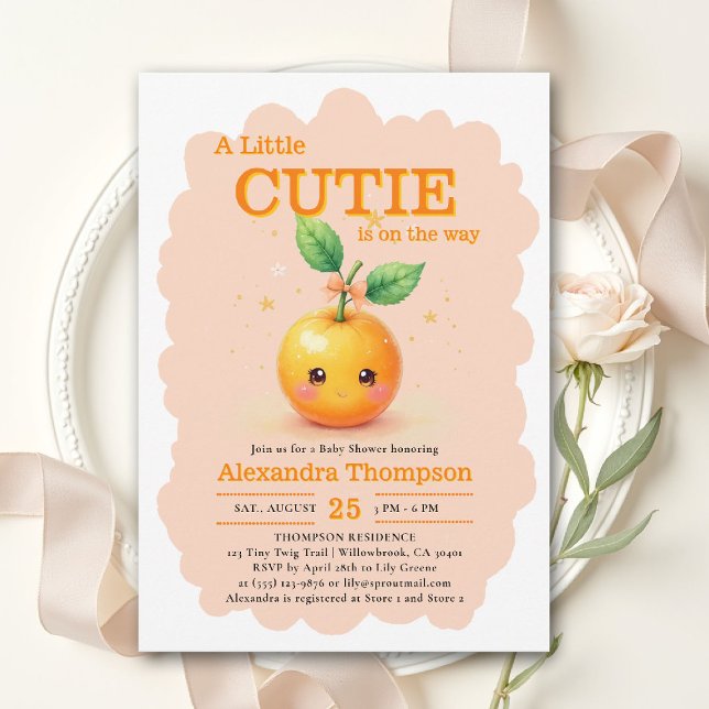 Convites Ilustração de Chaveirinho Laranja para Chá de Bebê (little cutie orange theme baby shower invitation citrus bow watercolor illustration pink bloom)
