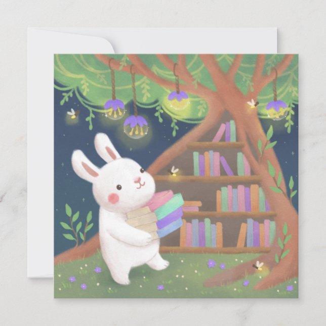 Convites Ilustração de Coelho Fã de Livros Fofa (Frente)