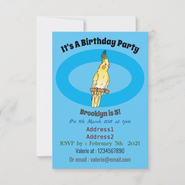 Convites Ilustração de desenho animado de aves Cockatiel (Frente)