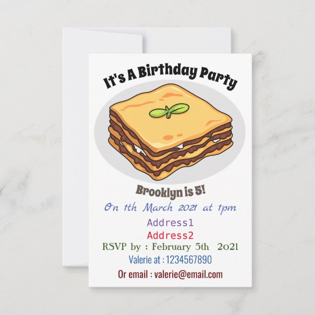 Convites Ilustração de desenho animado de Lasagna (Frente)