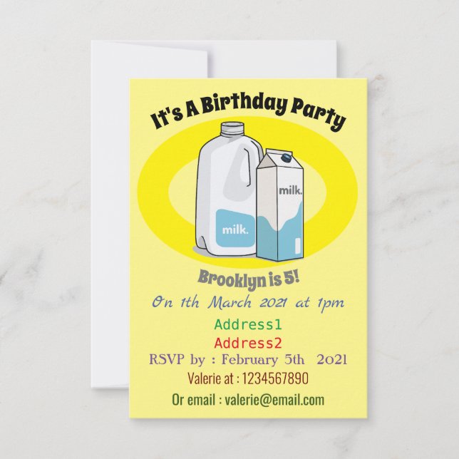 Convites Ilustração de desenho animado de leite (Frente)