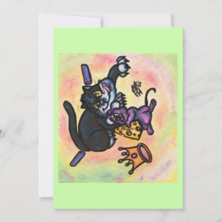 Convites Ilustração de Desenho Animado Gato Rato Queijo Cor