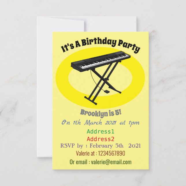 Convites Ilustração de desenho de piano de teclado (Frente)