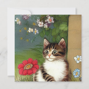 Convites Ilustração de Gato Vintage com Flores de Mola