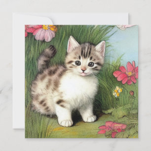 Convites Ilustração de Gato Vintage com Flores Vermelhas