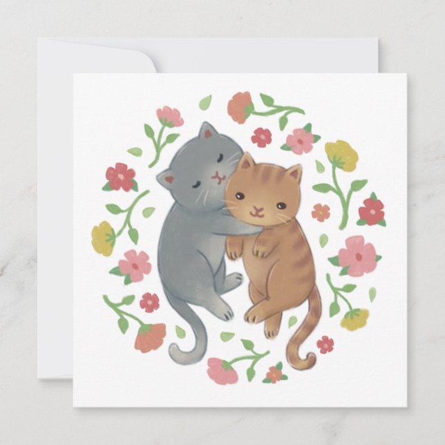 Convites Ilustração de Gatos e Flores de primavera (Frente)