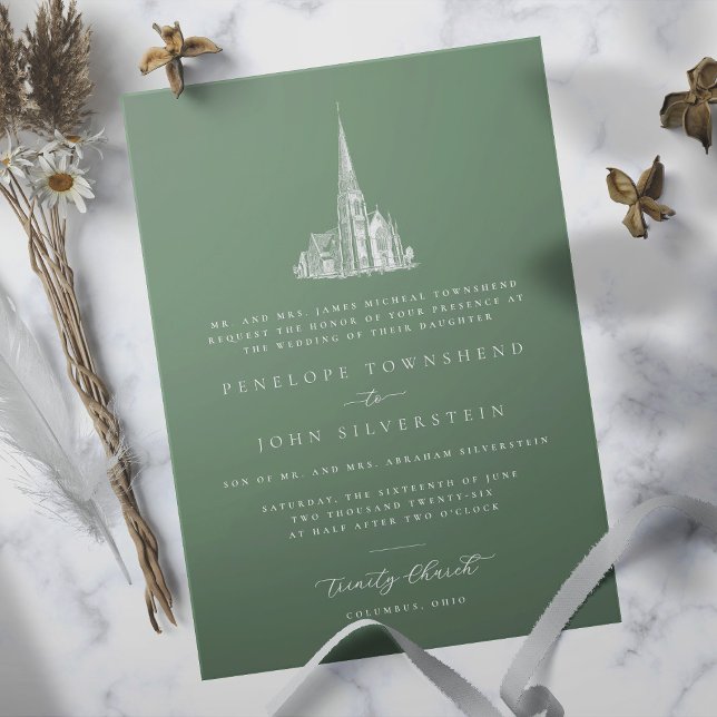 Convites Ilustração de Igreja Elegante Casamento Formal Ver (Sage green formal wedding invitation with an illustration of a church)