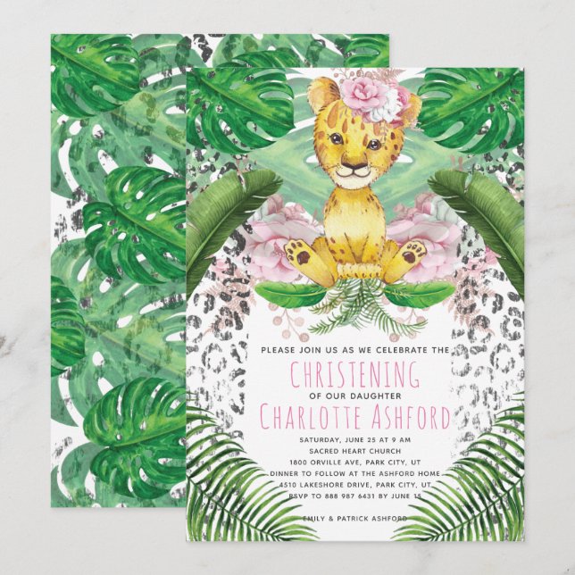 Convites Ilustração de Leoa Safari Batizado (Frente/Verso)