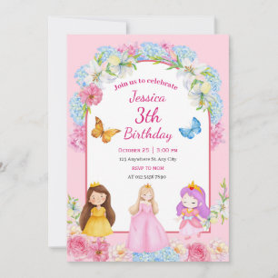 Convites Ilustração de Menina Princesa com Aquarela Rosa Az