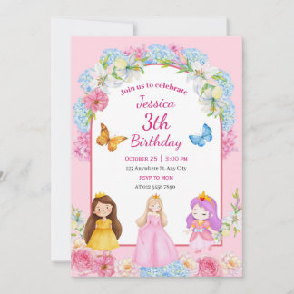 Convites Ilustração de Menina Princesa com Aquarela Rosa Az