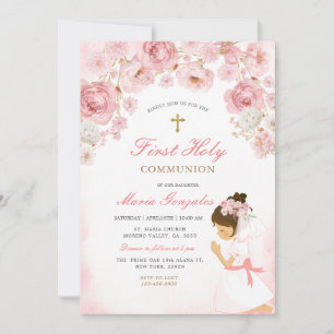 Convites Ilustração de Menina Rezando Floral Rosa Cruz Dour
