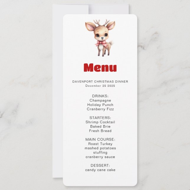Convites Ilustração de Menu de Cartoon de Bebê Veado Fofo (Frente)