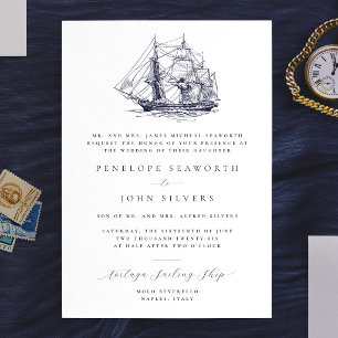 Convites Ilustração de Navio Náutico Elegante Casamento For