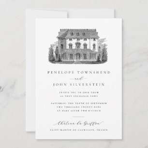 Convites Ilustração de Vila Francesa Elegante para Casament