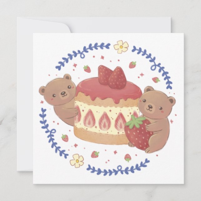 Convites Ilustração do Bears de Teddy e do Bolo de Morango (Frente)