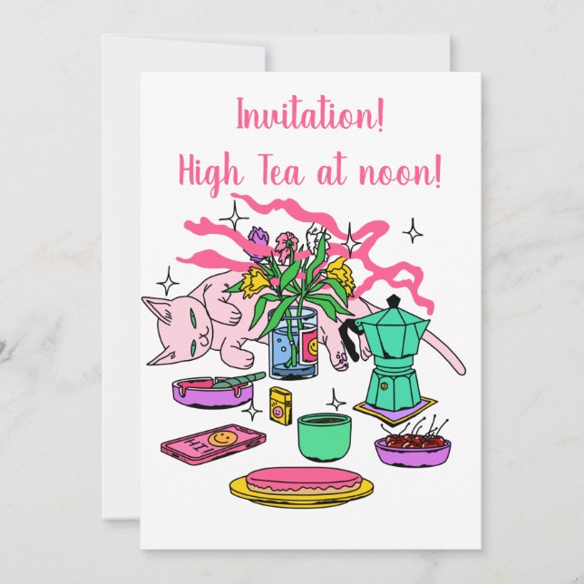 Convites Ilustração do chá de Kitty Cat ao meio-dia (Frente)