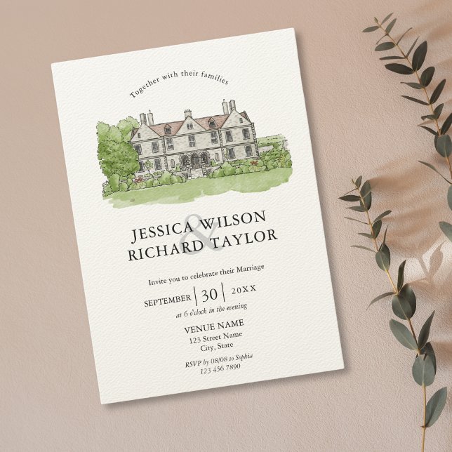 Convites Ilustração do Manor de Locais Personalizado Elegan (hand drawn wedding venue invitation)