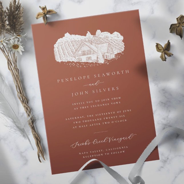 Convites Ilustração do Vineyard Casamento Laranja Queimado (Burnt orange wedding invitation with an illustration of a vineyard)