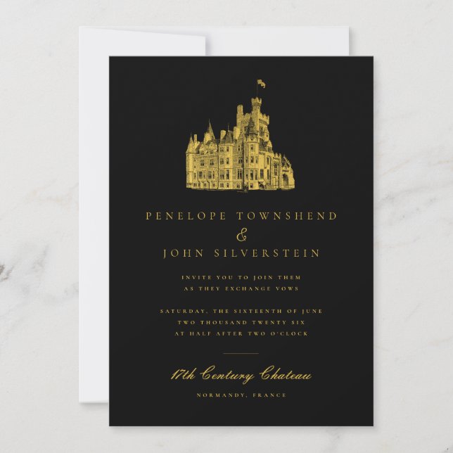 Convites Ilustração Elegante de Château Casamento Dourado P (Frente)
